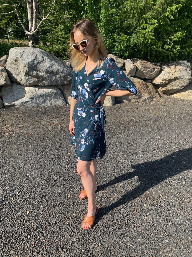 M7406 wrap dress in a teal floral